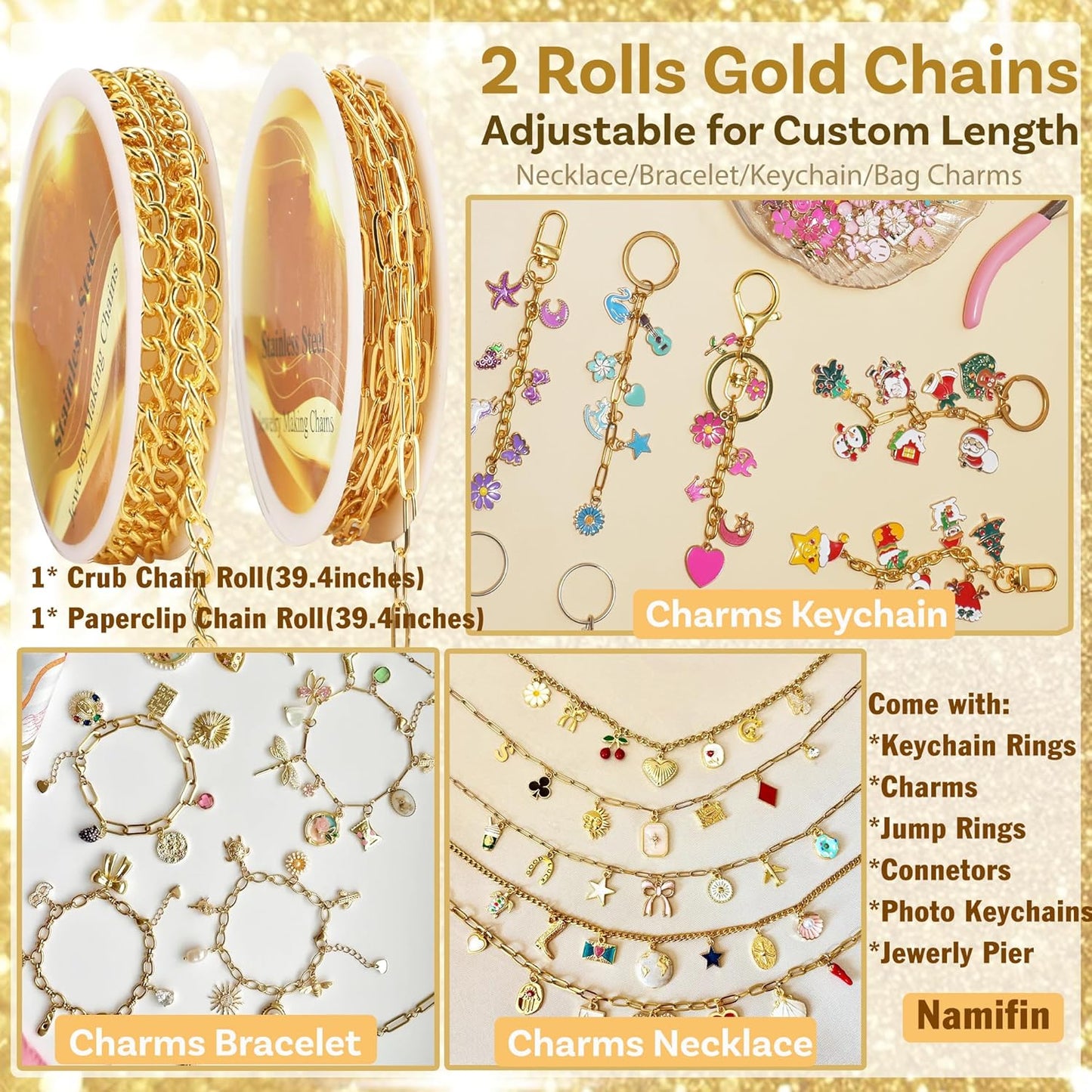 Namifin 384 Pcs Keychain Making Kit with Charms & Keychain Clips - DIY Bag Charms, Pearl Keychains, Photo Keychains, Personalized Gifts for Friends Small Business