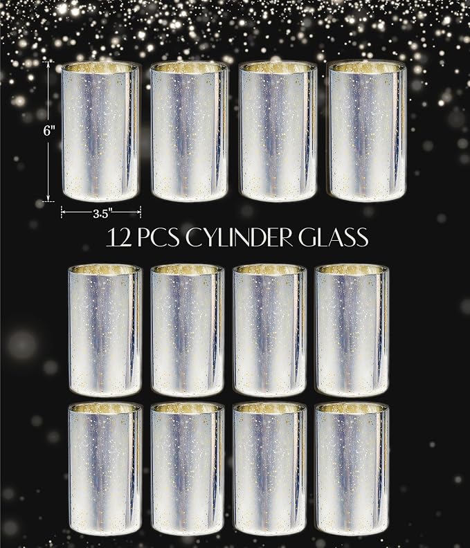 Willceka Silver Cylinder Vases for Centerpieces, Modern Glass Vase Set of 12 Decorative Hurricane Candle Holder for Pillar Candle Holders Flowers for Table Centerpiece, Sliver
