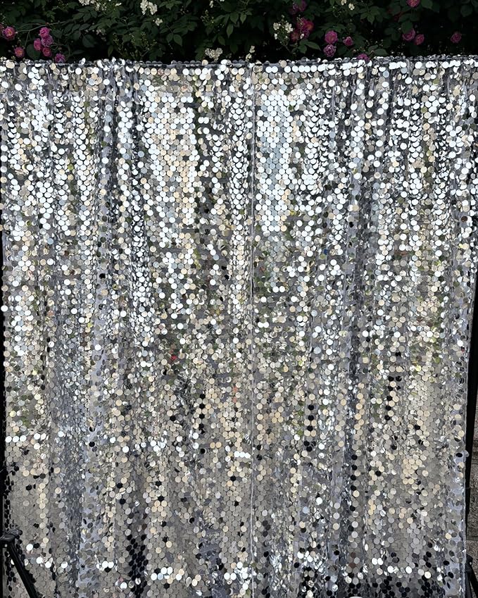 Silver Sequin Backdrop 18MM Large Sequins, 4x10 Feet, 2 Panel Glitter Sparkler Shimmer Backdrop for Decor, Parties, Home