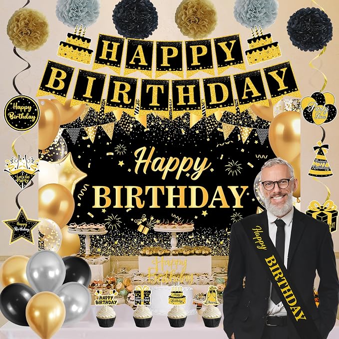 DARUNAXY Black Gold Birthday Decorations Set | Happy Birthday Banner & Sash, Balloons Pom Poms Cake Topper Hanging Swirls Birthday Decor Supplies for Men Women Boys Girls
