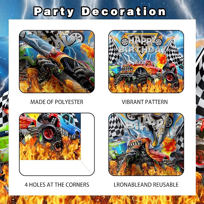 Monster Truck Birthday Decorations for Boys, Extreme Off-Road Racing Party Supplies Include "Happy Birthday" Backdrop, Balloon Arch Garland, Tablecloth, Cake Toppers, Truck and Tire Foil Balloons