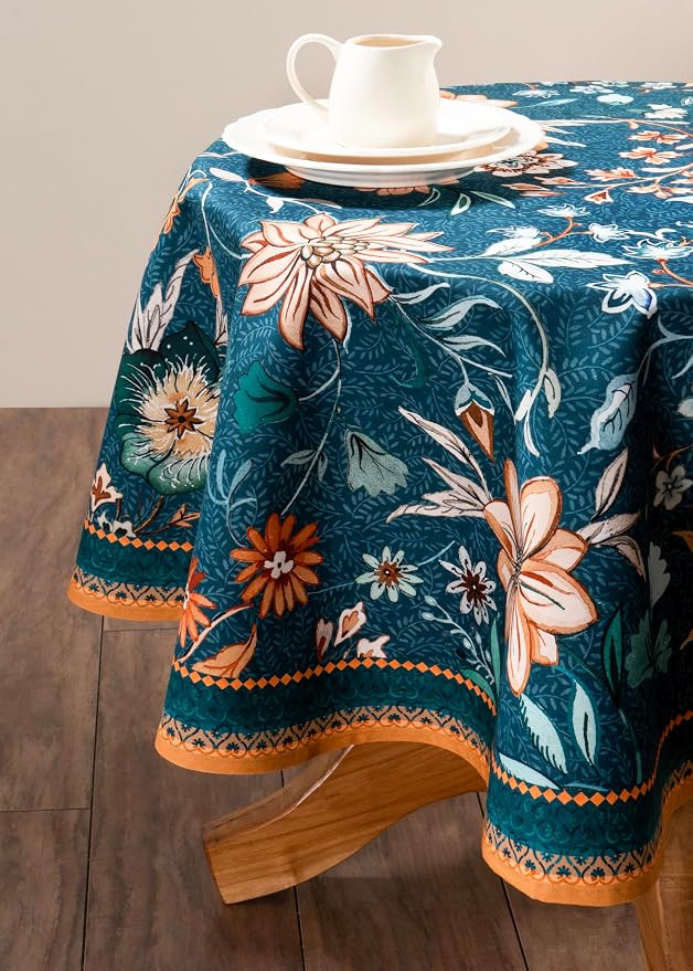 Maison d' Hermine Table Cloth Round Table 100% Cotton 69 Inches Fall Tablecloth Reusable Everyday Use for Thanksgiving Christmas Decorations Dining Farmhouse Party (Luxury Loft - Dark Teal)