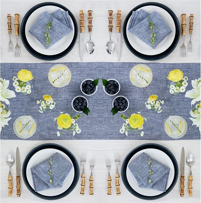 Solino Home Linen Table Runner 144 Inches Long - Athena, 100% Pure Linen Chambray Indigo 14 x 144 Inch Table Runner for Dining, Spring, Summer, Mothers Day