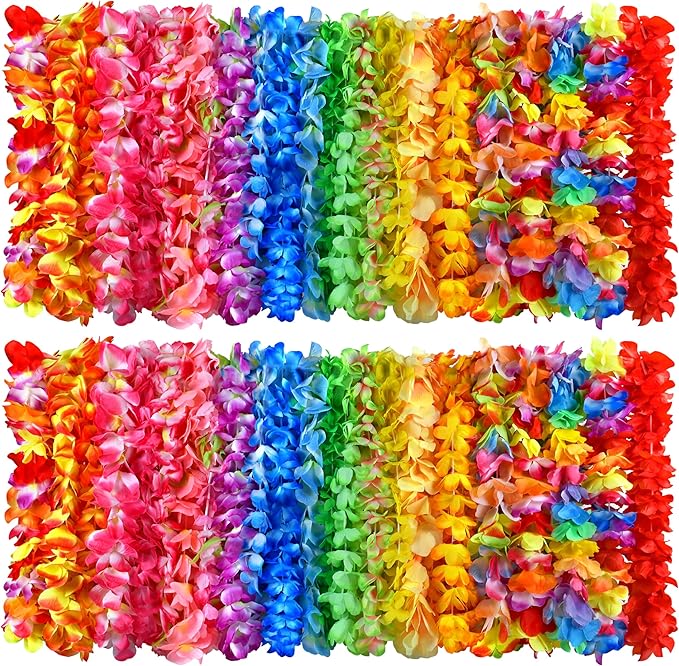120 Packs Hawaiian Luau Leis Bulk Tropical Hawaii Theme Silk Flower Necklace Summer Beach Party Decorations Birthday Party Favors