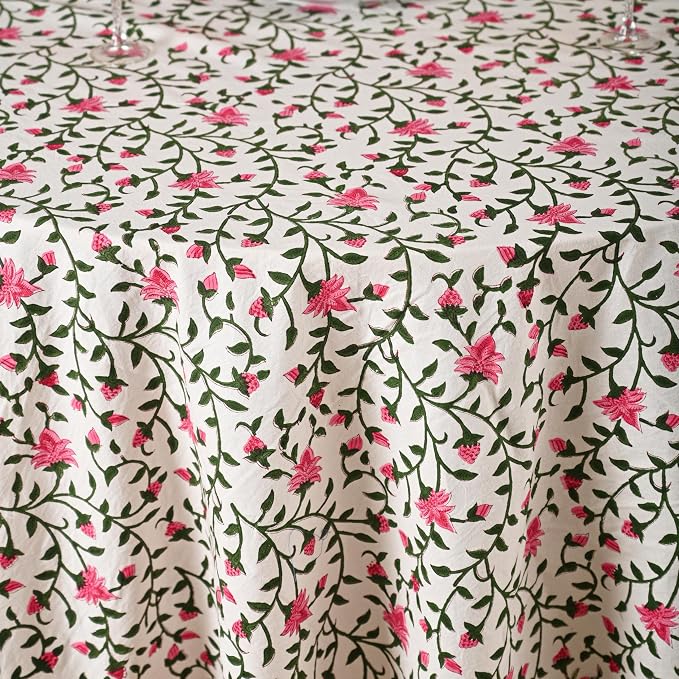 Hand Block Printed Tablecloth – Colorful Floral Print | 100% Cotton | Indian Artisan Handmade Art | Dining Room, Kitchen, Outdoor Décor, (Rosy Elegance, 108 Inches Round)