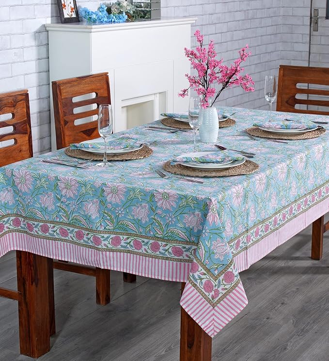 Ridhi Turquoise Blue Hand Block Print Cotton Rectangle Tablecloth 102" x 48" inches Reusable Table Cover Decorative Everyday Use for Dining Room, Farmhouse, Home Gift for Spring, Mother's Day