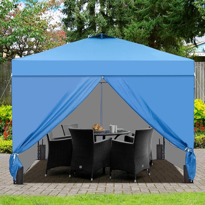 GDY 10x10 Pop Up Canopy Tent with 4 Sidewalls, Easy Set up, Outdoor Silver Coated Beach Gazebos, Carpas with 4 Sandbags, for Events, Parties,Camping,Blue.