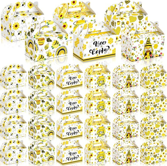 Dunzoom 24 Pcs Bee Festival Decor Bee Gnome Boxes Candy Boxes with Handles Treat Goodie Gift Bags for Birthday Baby Shower Party Supplies