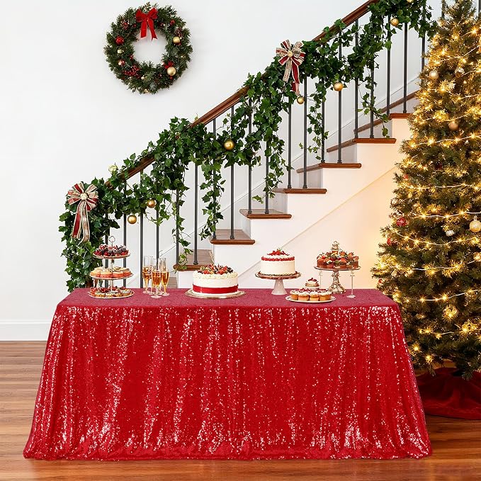 Poise3EHome Red Sequin Tablecloth 90×156 Inch Rectangle Sparkly Fabric Table Cloth for Birthday Wedding Christmas Party Holiday Baby Shower Decoration