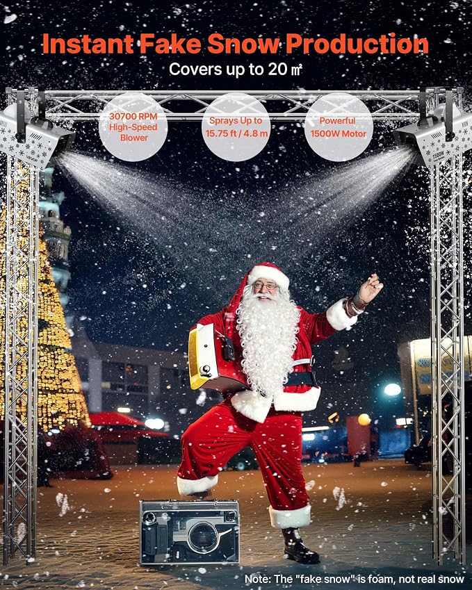 VEVOR Snow Machine, 1500W Handheld/Hanging Snow Maker By Wireless Remote Control, Portable Snowmaking Machine, High Output Snowflake Maker with 5L Tank for Christmas Party Wedding Stage Effects