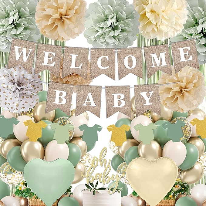 Sage Green Baby Shower Decorations, Green Balloonswith WELCOME BABY Banner, Fringe Curtains Foil Balloons, Cake Topper,Pom Poms Flowers, Neutral Gender Reveal Birthday Party Supplies