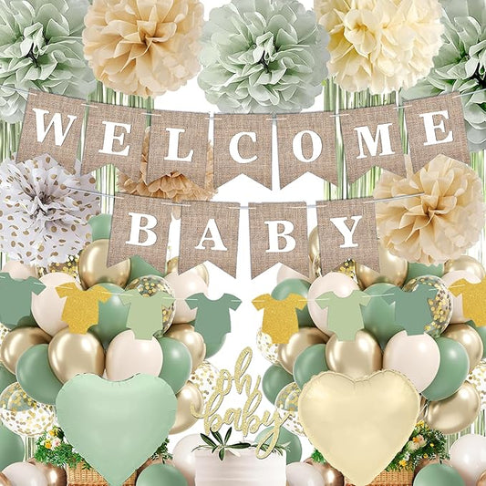 Sage Green Baby Shower Decorations, Green Balloonswith WELCOME BABY Banner, Fringe Curtains Foil Balloons, Cake Topper,Pom Poms Flowers, Neutral Gender Reveal Birthday Party Supplies
