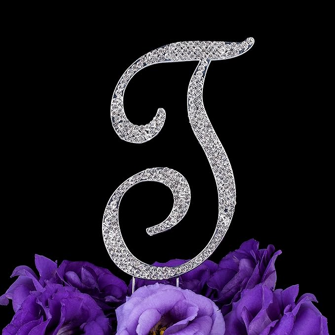 LOVENJOY Gift-Boxed 3.5" Rhinestone Monogram T Letter Cake Topper