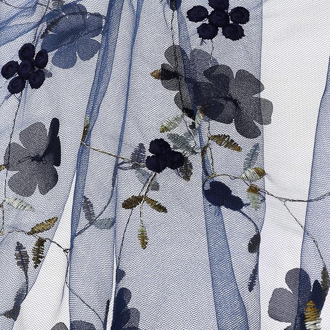 MECCANIXITY 5 Yard Tulle Fabric 175"x51"3D Flower Embroidery Mesh Lace Fabric for DIY Handmade Clothing Wedding Dress Skirt Home Curtain Decoration, Dark Blue