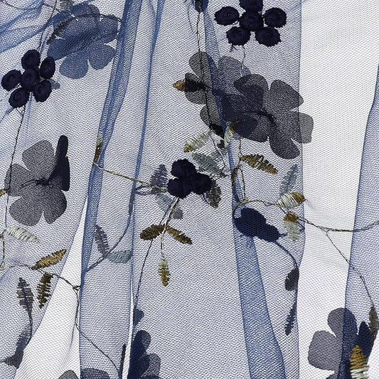 MECCANIXITY 1 Yard Tulle Fabric 35"x51" 3D Flower Embroidery Mesh Lace Fabric for DIY Handmade Clothing Wedding Dress Skirt Home Curtain Decoration, Dark Blue