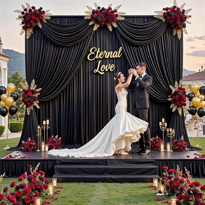 10 ft x 7 ft Wrinkle Free Black Backdrop Curtain for Parties, Polyester Black Photo Backdrop Drapes for Graduation Birthday Wedding Party Stage Curtains, Background Curtains for Backdrop Stand