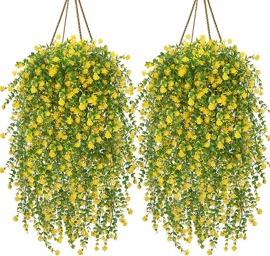 12 Pcs Outdoor Hanging Plants Artificial Hanging Flowers Yellow Faux Trailing Plants Fake Eucalyptus Greenery UV Resistant Plastic Plants for Indoor Outdoor Wall Garden Front Porch Home Decor