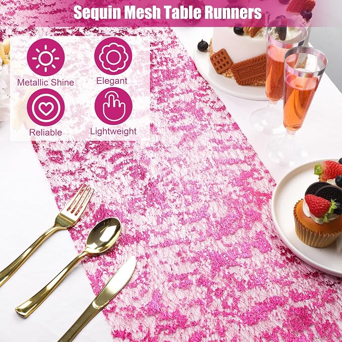 Aneco 12 Pieces Metallic Glitter Table Runner 84 x 11 Inches Hot Pink Glitter Mesh Table Runners Sparkle Rectangle Runner Roll Decorations for Wedding Baby Shower Birthday, DIY Home Decor