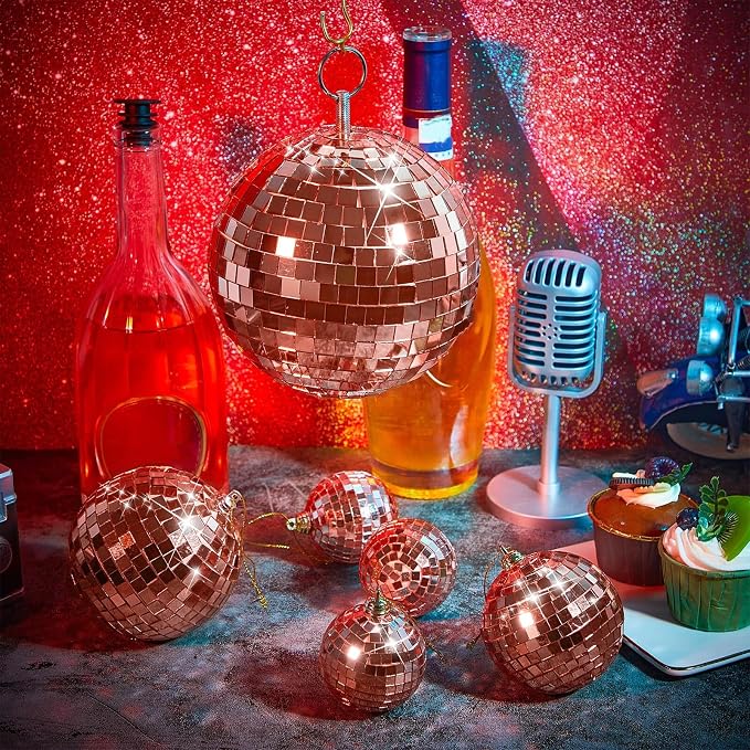 WILLBOND 12 Pack Disco Ball Party Decorations Hanging Mirror Balls Fun Retro Dj Lighting Effect Stage Props Game Accessories, 5.91", 3.94", 3.15", 2.36"(Rose Gold)