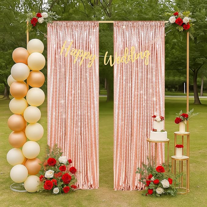 PartyDelight Rose Gold Sequin Backdrop Curtains 2x8ft 2 Panels | 3mm stitched sequin curtain with 4 inch rod pocket for 2x8ft 2 panel doorway window side drape narrow photo booth strip