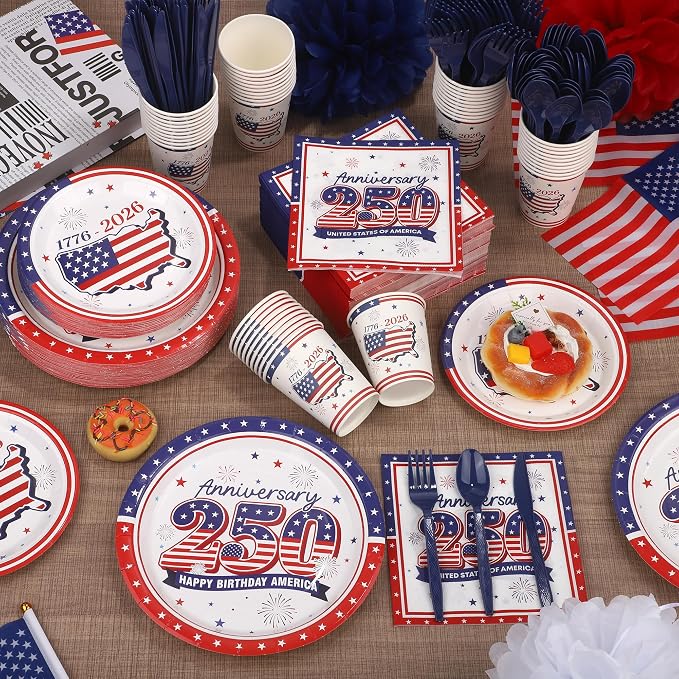 Kochorie 400 Pieces USA 250th Anniversary Party Supplies, Disposable Patriotic Tableware Sets with America 250th Anniversary Paper Plates Cups Napkins Cutlery Serves 50 for 4th of July Party Supplies