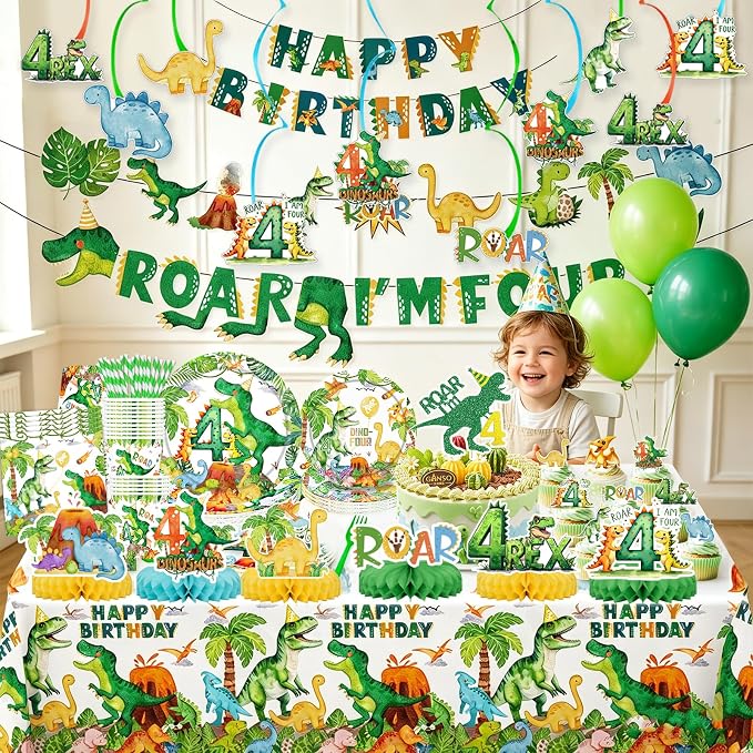 Roar I’m Four Dinosaur 4th Birthday Party Supplies Decorations for Boys Jungle T-rex 4 Rex Tableware Pre-Strung Banners Garland Honeycomb Centerpieces Talbelcoth Hanging Swirls Cupcake Topper Serve 25
