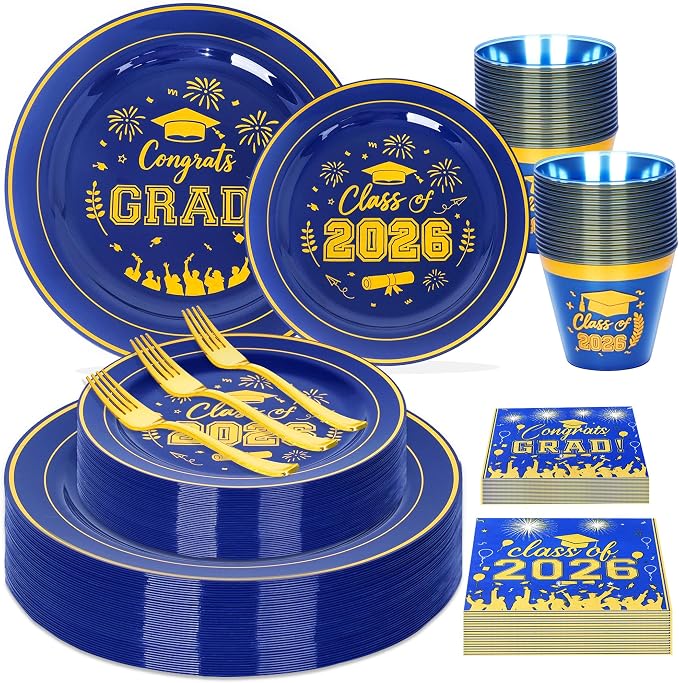 150 Pcs 2026 Graduation Plastic Plates with Disposable Silverware Serves 30 Guests, Blue Gold Graduation Disposable Plates Including 30 Dinner&Dessert Plates, Cups, Napkins, Gold Forks for Party