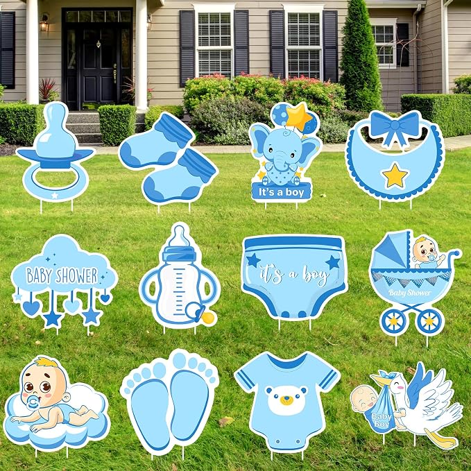 12 Pcs Blue Baby Shower Yard Decoration Its a Boy Outdoor Yard Sign with Stakes Welcome Baby Boy Decorations Waterproof Stork Elephant Yard Decor for Gender Reveal Home Garden Lawn Blue Party Supplies