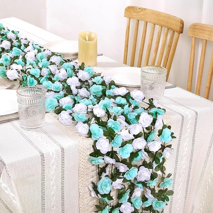 KHOYIME 9 Pack 72 FT Artificial Flower Garland, Fake Blue White Roses Vines Silk Flowers Faux Plastic Outdoor Hanging Floral Ivy Garland Decoration for Wedding Arch Bedroom Home Wall Backdrop Decor