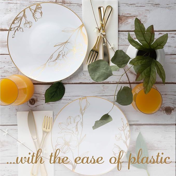 PLASTICPRO White Plastic Floral Design Party Plates With Gold Rim Premium heavyweight Elegant Disposable Tableware Dishes (120, 9'' INCH PLATES)
