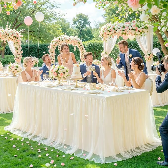 4 Pack Champagne Table Cloth for 8 Foot Rectangle Tables, Stretch Fitted Tulle Table Covers Skirt, Rectangular Ruffle Tutu Tablecloth Wedding Banquet Baby Shower Cake Tablecloths Decorations