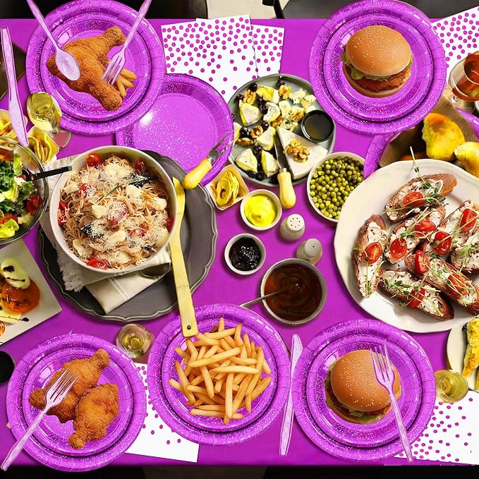 161Demon Hunter Holographic Laser Tablewares Kit, Pink Sparkling Iridescent Grad Decor for 20 Guests-Purple Party Supplies Paper Plates Napkins Cups Cultery for Birthday Wedding Graduation Bachelor