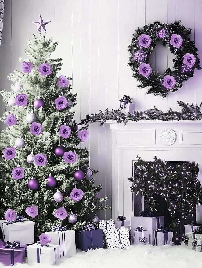 Artificial Roses with Stems,30PCS Glitter Roses Bouquet Lilac Flowers for Wedding Bouquet Party Christmas Home Decor(Lilac)