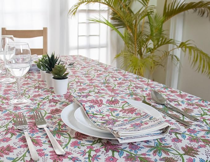 Block Print Table Cloth- 60x90 Inch Rectangle 100% Cotton Handmade Pre-Shrink, Washable for Spring, Kitchen & Dining Perfect for Patio, Indoor & Outdoor, Farmhouse