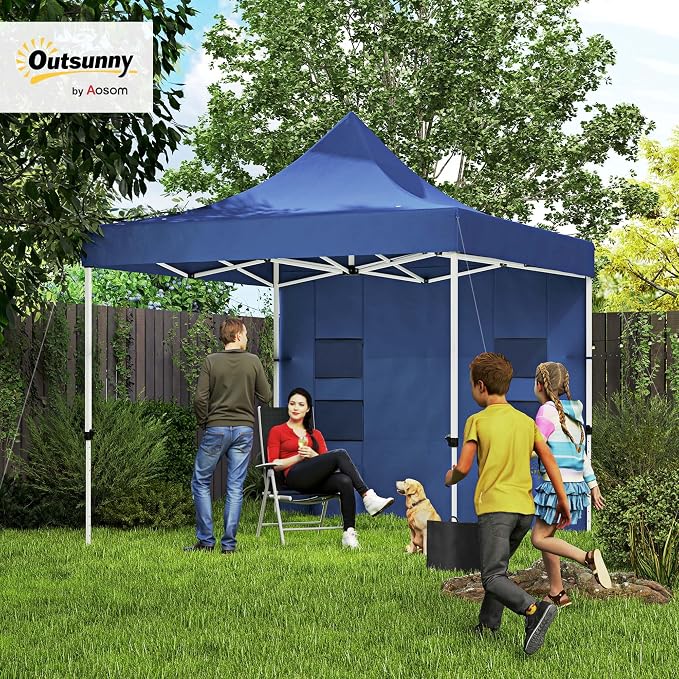 Outsunny 10' x 10' Heavy Duty Pop Up Canopy Tent with Sidewall and Trash Bags, UPF50+ Instant Sun Shelter, Height Adjustable, with Wheeled Bag, Sand Bags for Outdoor, Patio, Dark Blue