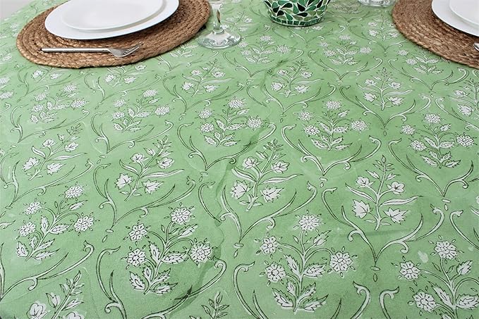 Ridhi Round Tablecloth Hand Block Print 100% Cotton Reusable Pear Green 60 Inch Table Cover Decorative Everyday Use for Dining, Home, Party, Wedding, Farmhouse, Party Gift for Spring, Mother's Day
