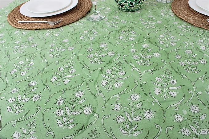 Ridhi Round Tablecloth Hand Block Print 100% Cotton Reusable Pear Green 110 Inch Table Cover Decorative Everyday Use for Dining, Home, Party, Wedding, Farmhouse, Party Gift for Spring, Mother's Day