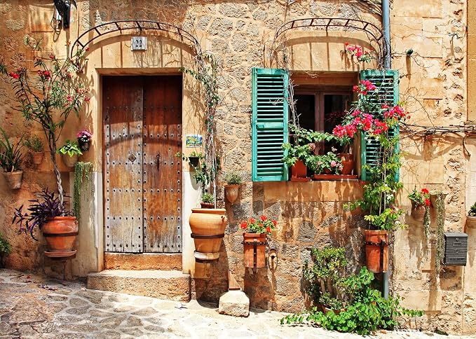 15x8ft Fabric Italy Street Backdrop Tuscany Medieval Town Street Stone Wall Window Photography Background for Italian Theme Party Decorations Wedding Birthday Photo Booth Props