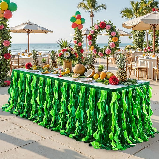 Wish Care 17ft Green Sequin Table Skirt for Rectangle Tables Curly Willow Hawaiian Grass Tutu Skirt Ruffle Table Cloth Desk Skirts for Birthday Baby Shower Jungle Luau Tropical Theme Party Table Decor