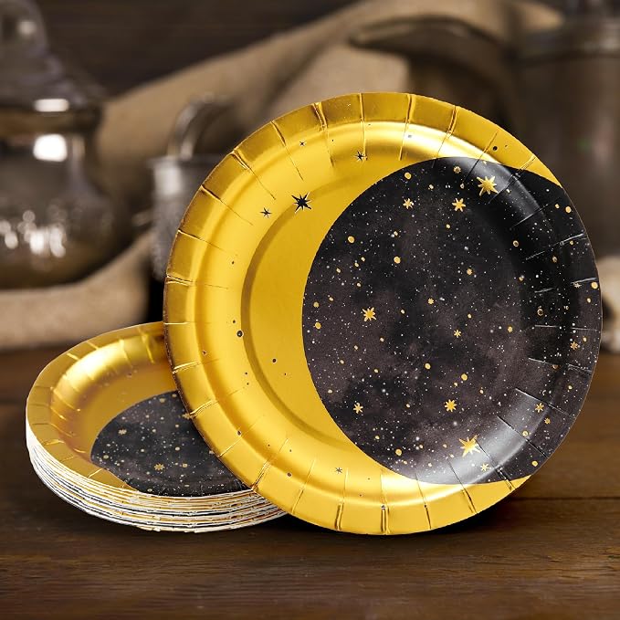 Cheerland Gold Metallic Foil Star and Moon Paper Plates for Galaxy Theme Party Tableware Set Starry Night Outer Space Birthday Party Table Christmas Decorations Twinkle Twinkle Little Stars (48, Gold)
