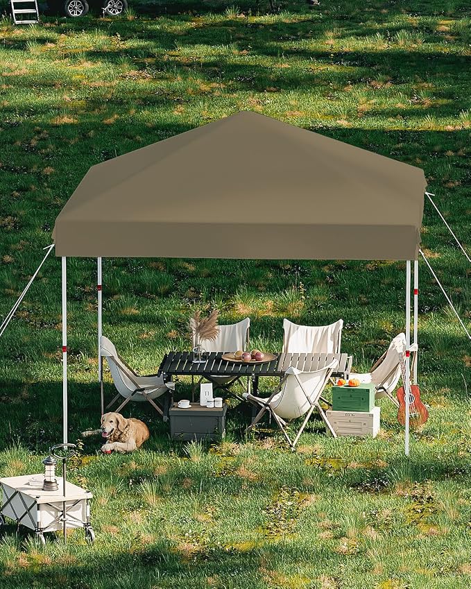 GarveeLife 10x10 Pop Up Canopy with One Button Push Setup - Heavy Duty Outdoor Canopy Tent with Portable Roller Bag - 3 Adjustable Height, 4 Weight Bags, 8 Stakes & 4 Guy Ropes Included, Khaki
