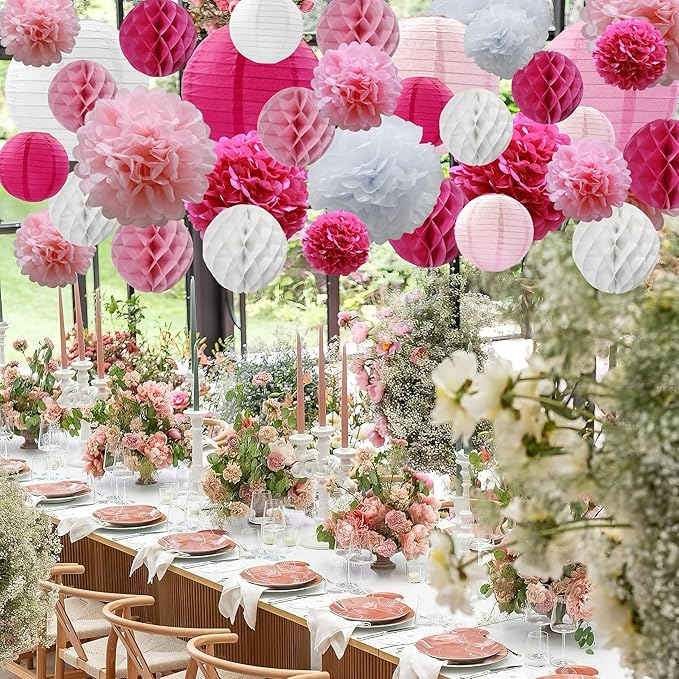 WOLHOWLTD Rosy Pink White Paper Decoration Set - 38 Pcs Paper Lanterns, Pompoms, Honeycomb for Wedding,Engagement,Bachelorette,Baby Shower,Valentine's,Home Decoration (Rosy Pink White)