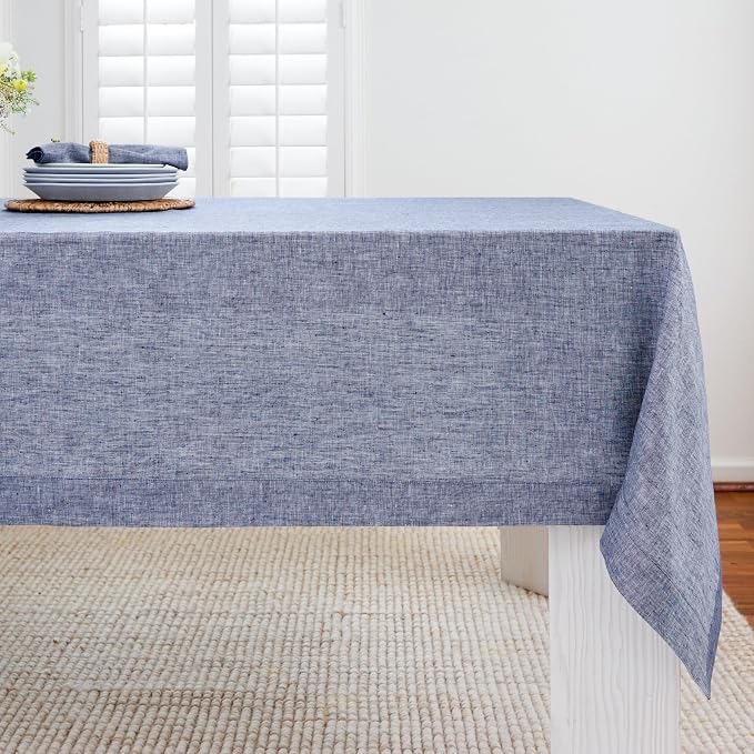 Solino Home Linen Tablecloth 60 x 108 Inch - 100% Pure Linen Chambray Indigo Table Cloth for Rectangle Tables - Athena, Machine Washable Tablecloth for Summer
