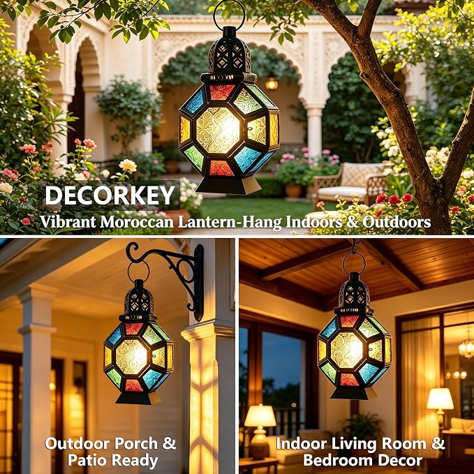 Vintage Large Size Decorative Ramadan Candle Lantern, 12’’ Metal Hanging&Tabletop Moroccan Stained Glass Lantern Candle Holder Decor, Decorations for Home Indoor Outdoor Patio (Colorful)