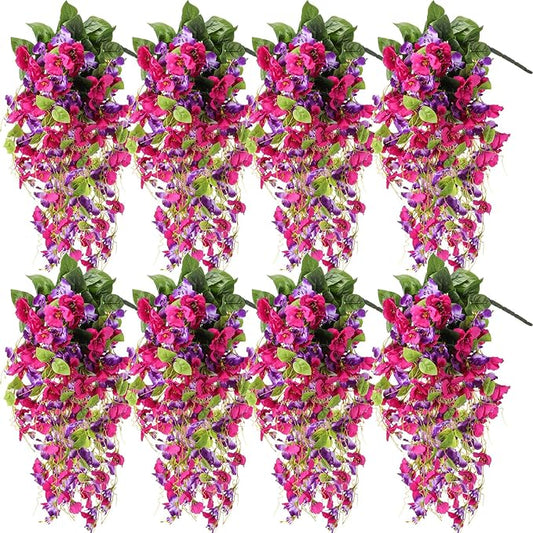 XunYee 8 Pcs Artificial Hibiscus Flowers for Outdoors Spring Summer Decor Fake Hanging Flowers Plants Uv-Resistant Faux Hibiscus Flower for Outside Porch Patio Front Door (Rose Red Purple)