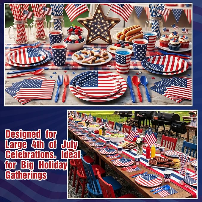 450 Pcs 4th of July Patriotic Tableware Set Decorations USA Red White Blue American Flag Paper Plates Napkins Cups Cutlery Straws for 250th Anniversary Birthday Party Supplies, Serves 50