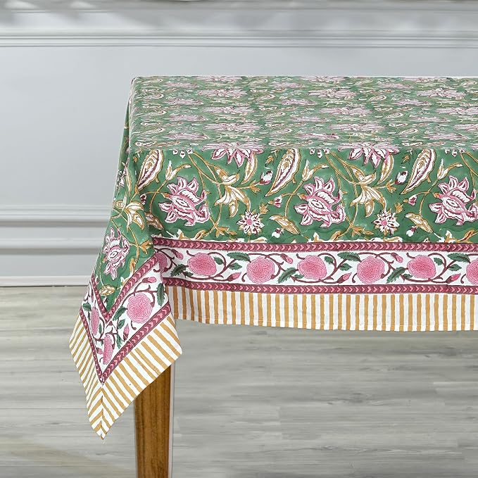 Ridhi Hunter Green Hand Block Print Cotton Rectangle Tablecloth 118" x 70" inches Reusable Table Cover Decorative Everyday Use for Dining Room, Farmhouse, Home Gift for Spring, Mother's Day