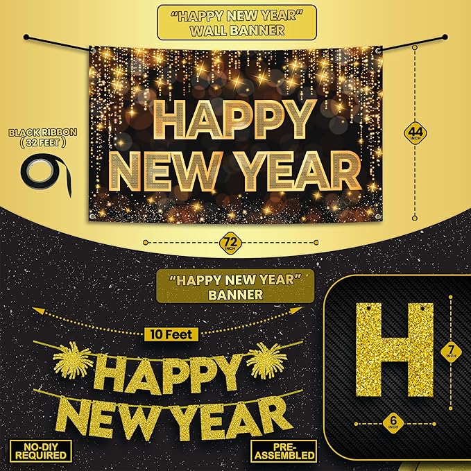 KatchOn, New Years Eve Party Supplies 2026 - Huge, Pack of 37 | Happy New Year Banner, New Years Balloons for Black and Gold Happy New Year Decorations 2026 | NYE Decorations 2026