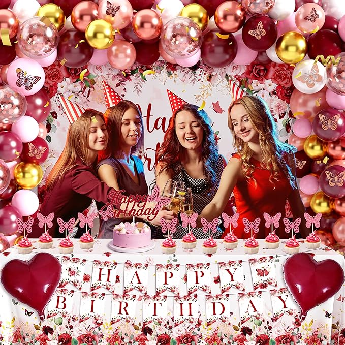 Burgundy Birthday Decorations for Women Girls, 144PCS Red and Rose Gold Party Supplies with Happy Birthday Banner & Backdrop, Tablecloth, 3D Butterfly Stickers, Balloon Arch Kit for Birthday Decor