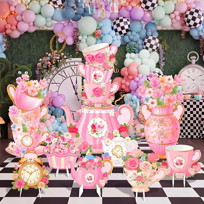 9 Pcs Tea Party Decorations Set, Large Floral Cutouts with Stand, Vintage Teapot Cup Decor for Girls Birthday, Bridal Shower, Photo Backdrop Supplies